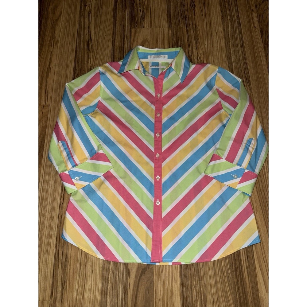 Foxcroft Sport Women's Sz 6 Colorful Diagonal Striped‎ Blouse 3/4 Button Up